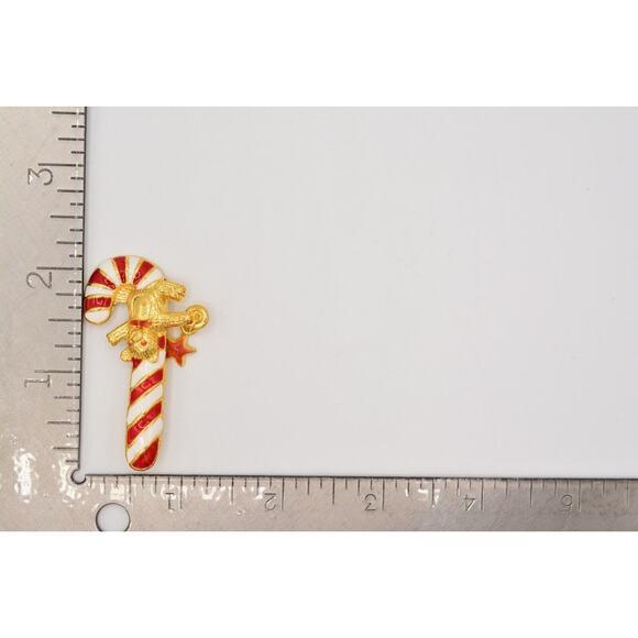 Vintage Christmas Candy Cane Pin Brooch Red White Enamel Gold Teddy Bear Bin7 - Picture 12 of 12